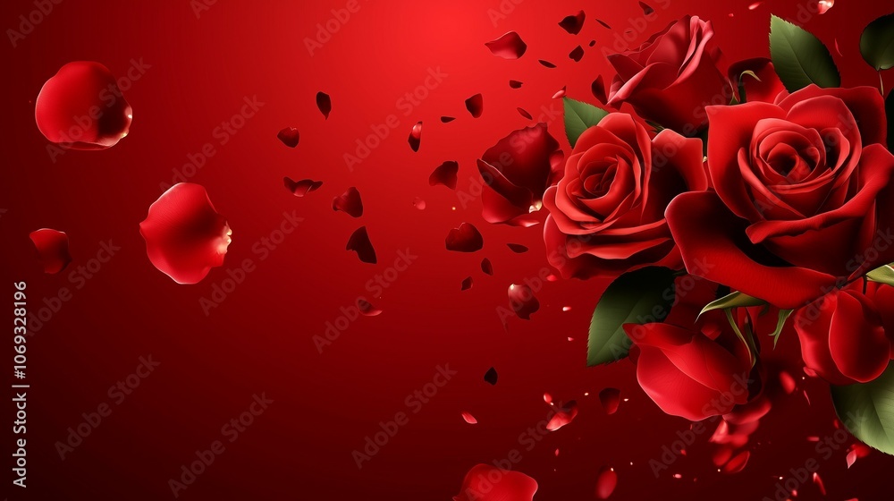 Beautiful bouquet of red roses with falling petals against a rich red background, symbolizing romance Beautiful bouquet of red roses with falling petals against a rich red background, symbolizing romance