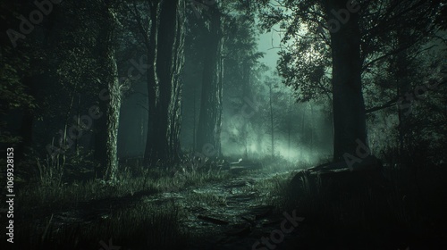 A dark and eerie forest scene set in Blackwood Forest, with tall, shadowy trees and a thick, ghostly fog creeping through the forest floor. The atmosphere is ominous, with shafts of pale light barely  photo