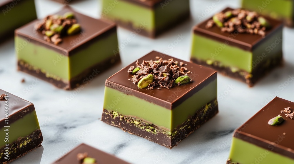 Luxurious layered chocolate squares with pistachio filling and topping, beautifully arranged on a marble surface Luxurious layered chocolate squares with pistachio filling and topping, beautifully arranged on a marble surface