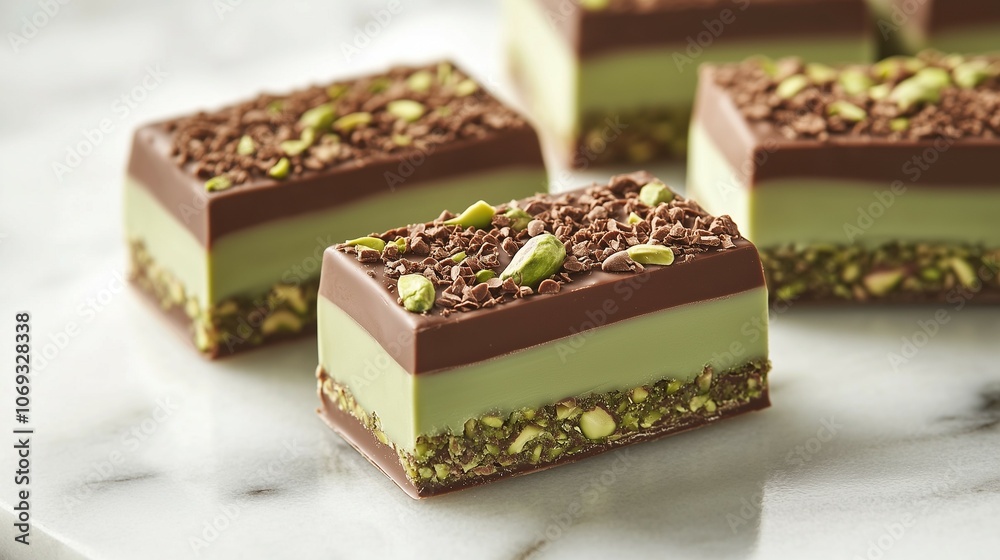 Delicious layered chocolate bars with pistachio topping and a crunchy base arranged on a marble surface Delicious layered chocolate bars with pistachio topping and a crunchy base arranged on a marble surface