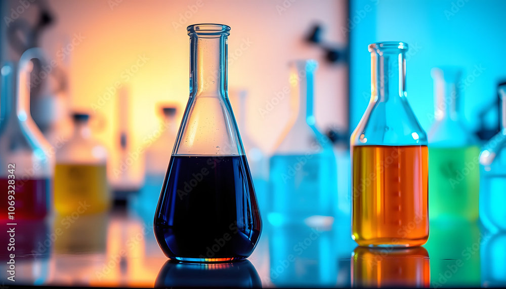 three flask of water black orange solution in science laboratory isolated with white highlights, png