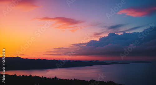 Beautiful sunset over a lake with mountains in the background