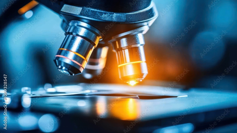 Close-up View of Microscope Lens with Glowing Light in Science Laboratory Setting Close-up View of Microscope Lens with Glowing Light in Science Laboratory Setting