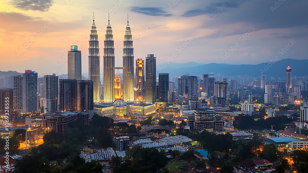 Fototapeta premium Petronas Towers in Kuala Lumpur at twilight, along with other city buildings.