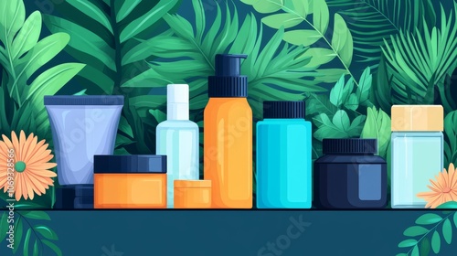 Wallpaper Mural Lush tropical arrangement of colorful skincare bottles with vibrant green leaves and orange flowers symbolizing beauty wellness and rejuvenation in an exotic design Torontodigital.ca