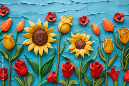 Vibrant polymer clay flowers on textured blue background