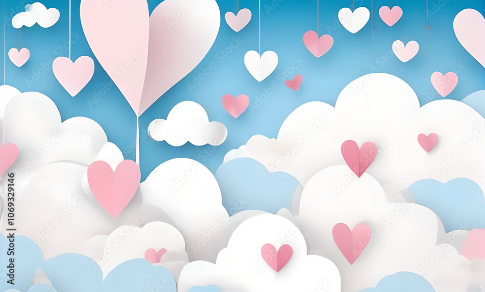 Blue sky with clouds and a pink heart Blue sky with clouds and a pink heart