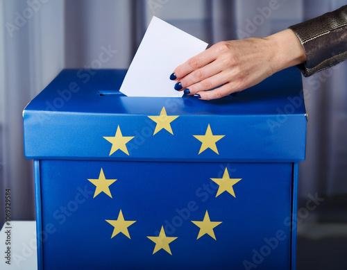 Woman putting her vote into ballot box against flag of Europe, closeup photo