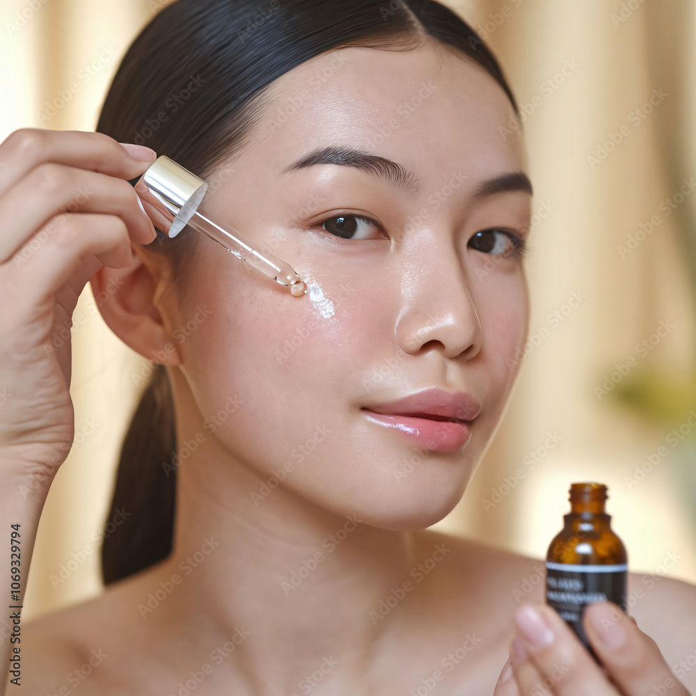 Female Model Showcasing Skincare Routine with Serum Dropper for Glowing Complexion Female Model Showcasing Skincare Routine with Serum Dropper for Glowing Complexion