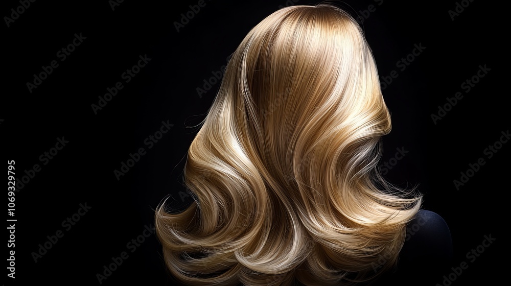 Female blonde wig set against a black background Female blonde wig set against a black background