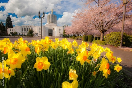 Bunches of yellow and orange narcissus daffodil flowers and cherry blossoms in front of the Oregon State Capitol building in Salem. photo