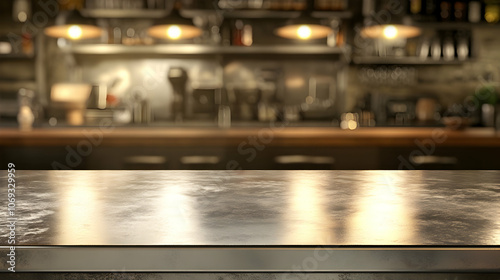 Metallic Countertop Surface: Empty metallic countertop with a blurred restaurant kitchen background.   