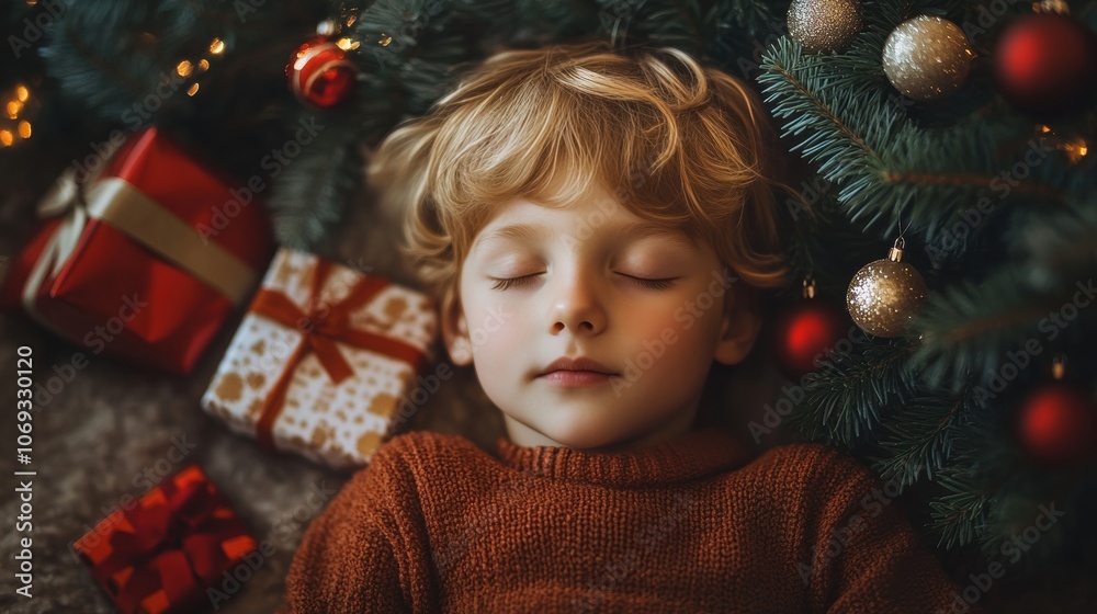 Peaceful Caucasian boy sleeping peacefully under Christmas tree with presents. Peaceful Caucasian boy sleeping peacefully under Christmas tree with presents.