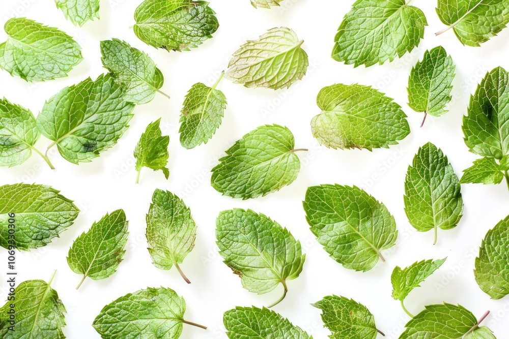A bundle of fresh mint leaves arranged neatly on a white background, perfect for food or decoration use A bundle of fresh mint leaves arranged neatly on a white background, perfect for food or decoration use