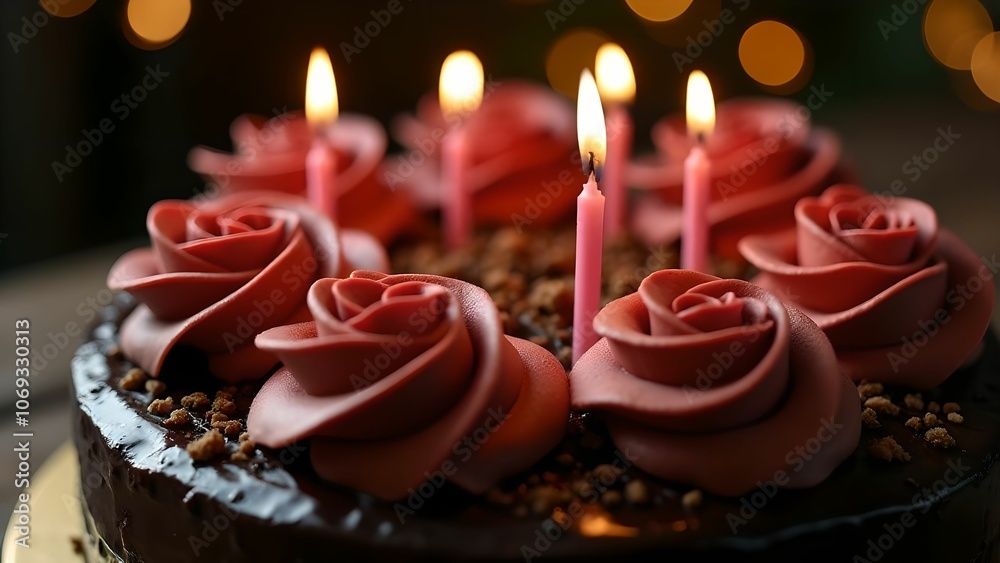 Festive cake with candles on top. Chocolate cake with roses