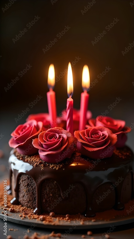 Festive cake with candles on top. Chocolate cake with roses Festive cake with candles on top. Chocolate cake with roses