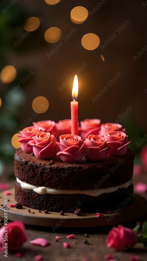 Festive cake with candles on top. Chocolate cake with roses Festive cake with candles on top. Chocolate cake with roses