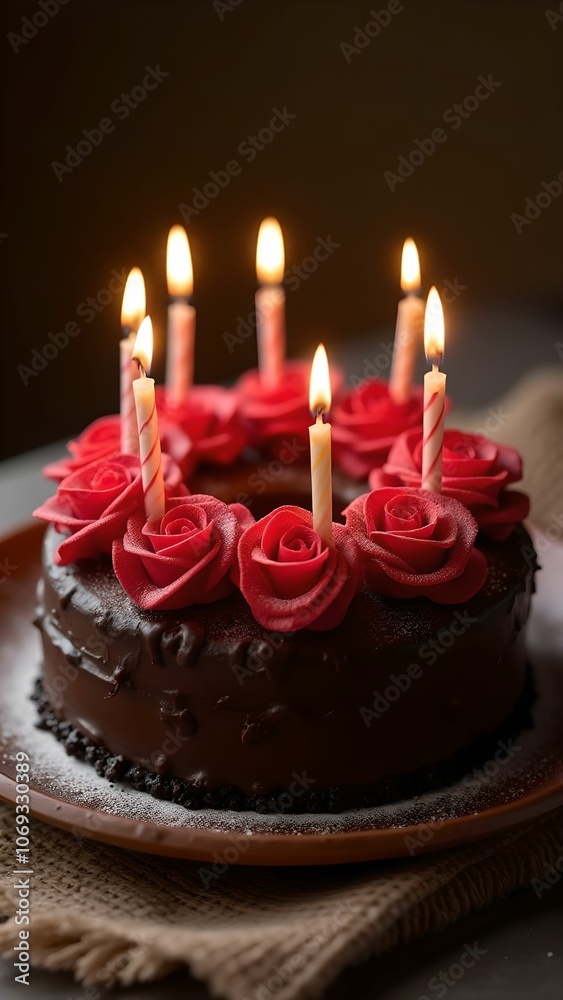 Festive cake with candles on top. Chocolate cake with roses Festive cake with candles on top. Chocolate cake with roses