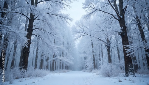 Snowy forest texture background, detailed frost on tree branches with snowflakes gently falling, cold and tranquil