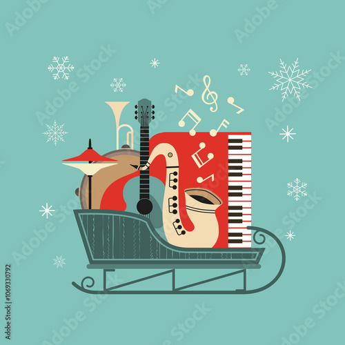 Musical instruments in Christmas sleigh flat icon. Live music jazz festival cartoon design element in retro color minimal style. Winter New Year holidays season event background illustration