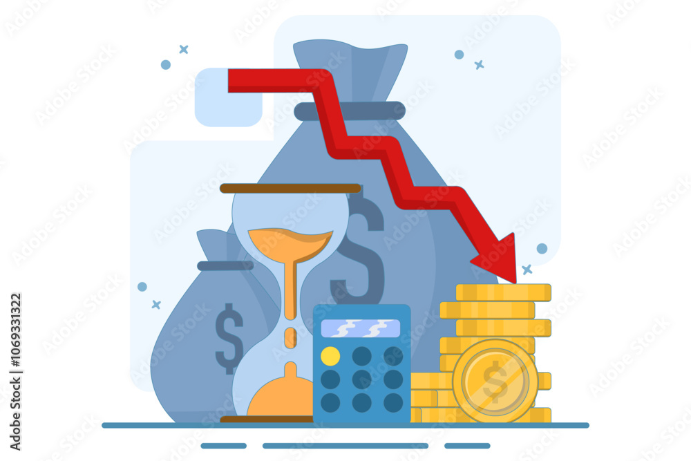 Cost reduction concept. Sales down, financial crisis. Business finance down. Loss crisis, bankruptcy down. Can be used for web pages, banners, mobile apps. Vector Illustration Cost reduction concept. Sales down, financial crisis. Business finance down. Loss crisis, bankruptcy down. Can be used for web pages, banners, mobile apps. Vector Illustration