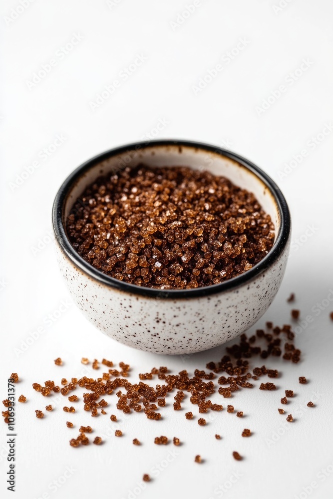 A bowl of brown granola sits on a white table, perfect for snacking or decorating A bowl of brown granola sits on a white table, perfect for snacking or decorating