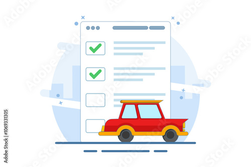 Car vehicle checklist inspection concept or car maintenance technical service flat graphic illustration, car safety inspection review, buy automotive verification inspection. vector illustration.