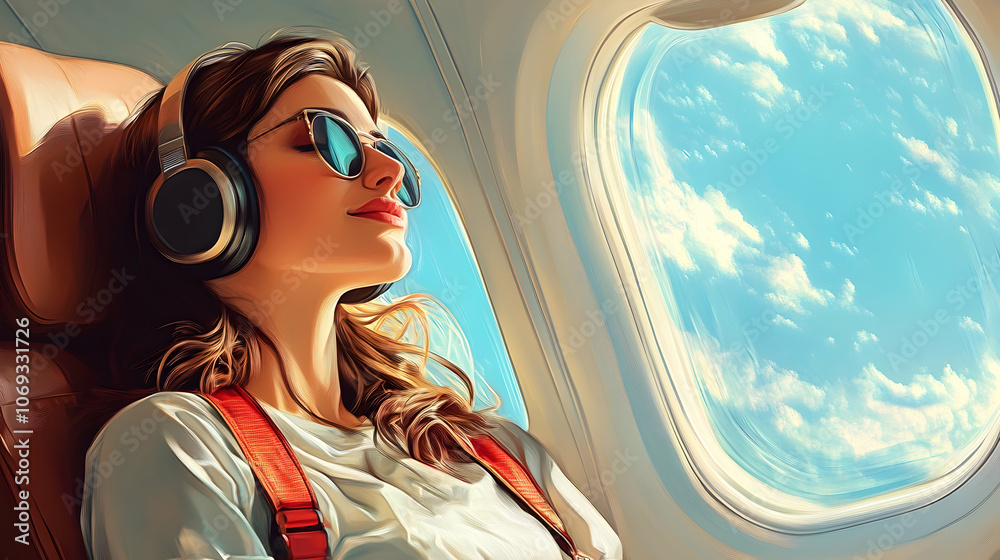 Relaxed Woman on Plane: Woman in headphones enjoying her time on a private plane. Relaxed Woman on Plane: Woman in headphones enjoying her time on a private plane.