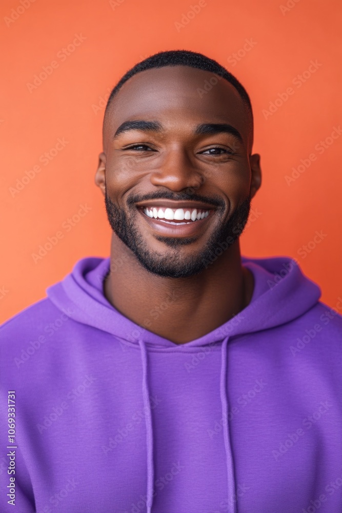 A person wearing a purple hoodie and smiling directly at the camera A person wearing a purple hoodie and smiling directly at the camera