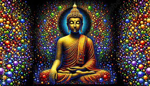 Illustration of buddha statue with colorful dot background 