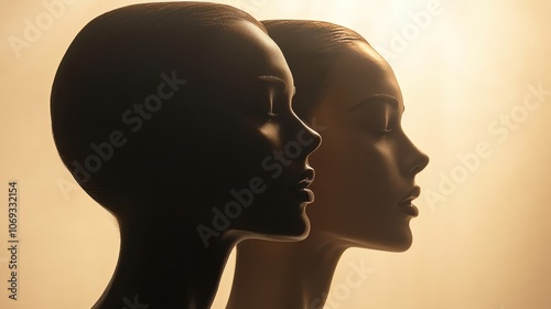 Two elegant profiles in deep shadow symbolizing introspection duality and human connection with a minimalist design in warm golden light