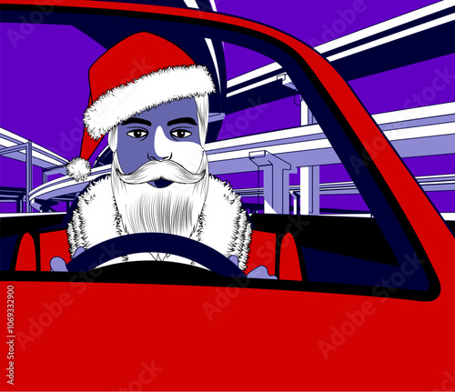 Handsome man dressed as Santa Claus driving a car against the background of an overpass and city skyline. The theme of Christmas in modern city life. Vector illustration.