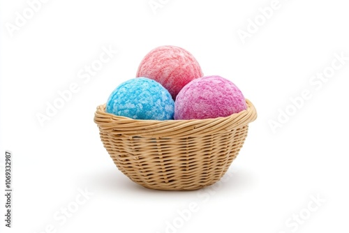 Colorful Easter eggs inside a woven wicker basket, perfect for spring or holiday decorations