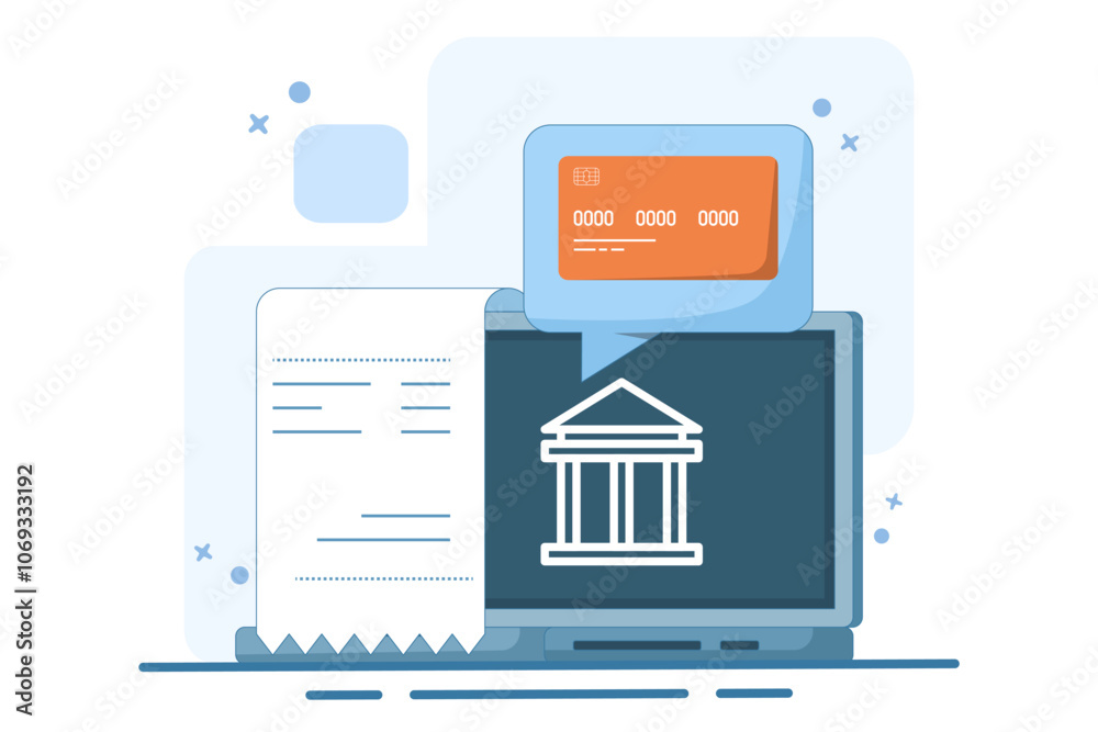 online payment concept on computer, flat cartoon paying big bill via payment card and laptop, financial accounting, electronic payment notification with digital receipt. Vector illustration. online payment concept on computer, flat cartoon paying big bill via payment card and laptop, financial accounting, electronic payment notification with digital receipt. Vector illustration.