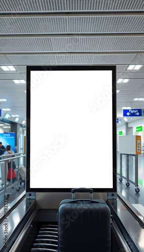 LCD Blank billboard at conveyor belt luggage in airport. Wide screen for cutomer text information advertise about tourism transport business etc. advertising mock up empty in metropolitan isolated w photo