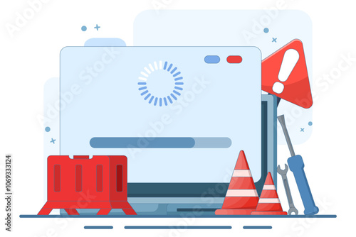 System maintenance concept, Error, Fixing problems, Device update, Software system is under maintenance, Software update process on device, updating operating system. Vector illustration.