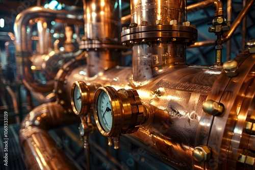 Intricate Copper Piping and Gauges in a Modern Industrial Setting