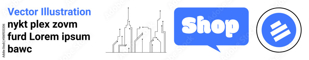 Depicts skyscrapers with a shop text bubble and a circular icon on a white background. Ideal for urban landscapes online shopping e-commerce retail websites. Banner for landing page Depicts skyscrapers with a shop text bubble and a circular icon on a white background. Ideal for urban landscapes online shopping e-commerce retail websites. Banner for landing page