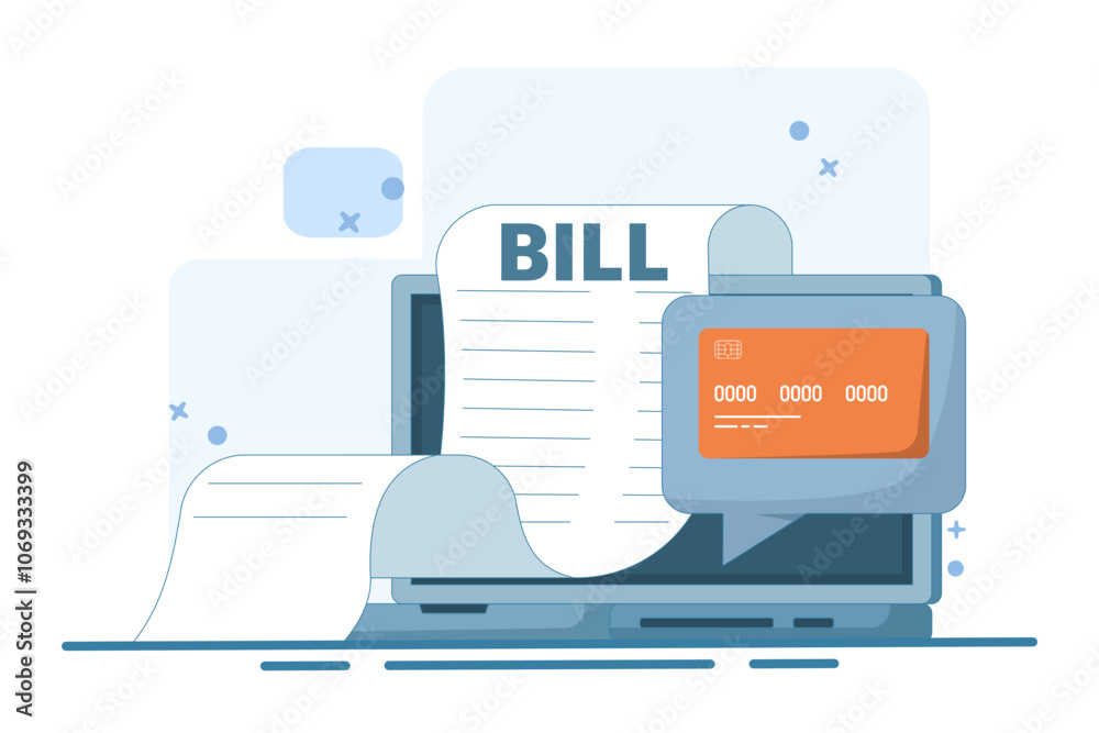 online payment concept on computer, flat cartoon paying big bill via payment card and laptop, financial accounting, electronic payment notification with digital receipt. Vector illustration. online payment concept on computer, flat cartoon paying big bill via payment card and laptop, financial accounting, electronic payment notification with digital receipt. Vector illustration.
