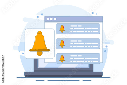 Notification concept. Bell ringing as pop-up reminder. get chat message notification on laptop. Modern flat cartoon style. Vector illustration on white background.