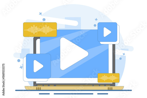 video player screen concept on smart device, online video content with window for landing page, UI, mobile app, Education or e-learning and video tutorial. Flat illustration.