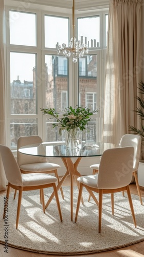 Elegant dining area with a glass table and floral centerpiece in a sunlit room