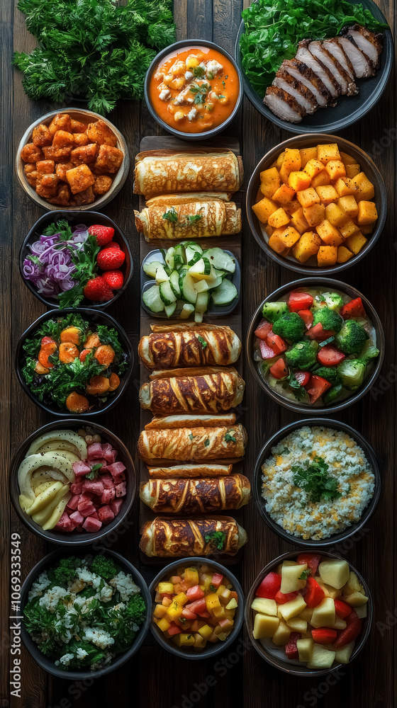 Top view variety of healthy dishes in bowls on a wooden table