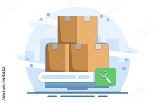 Product search concept, web store search. Online shopping. Store search. Search feature to find and compare products online, price quotes, seller information. Flat vector illustration.