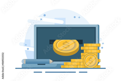 Financial concept of online income, financial success, investment, trading. Work and earn money on computer. Gold coins on device screen with pencil, digital marketing. Flat vector illustration.