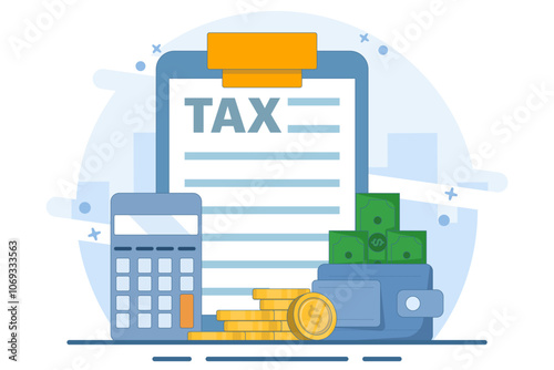 Tax payment concept, Document, Tax form, Audit, Financial research report and calculation, Financial Accounting, Tax payment. Flat illustration vector template.