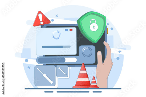 System maintenance concept, Error, Fixing problems, Device update, Software system is under maintenance, Software update process on device, updating operating system. Vector illustration.