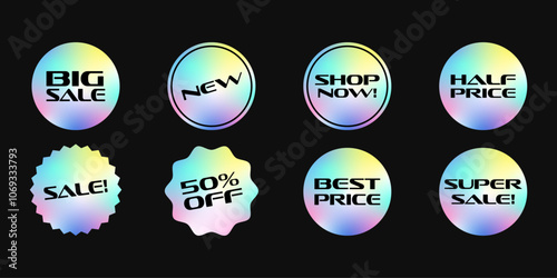 Neon gradient holographic sticker set. Big sale, new, shop now, half price, best price, super, 50% off. Futuristic shiny isolated vector elements.
