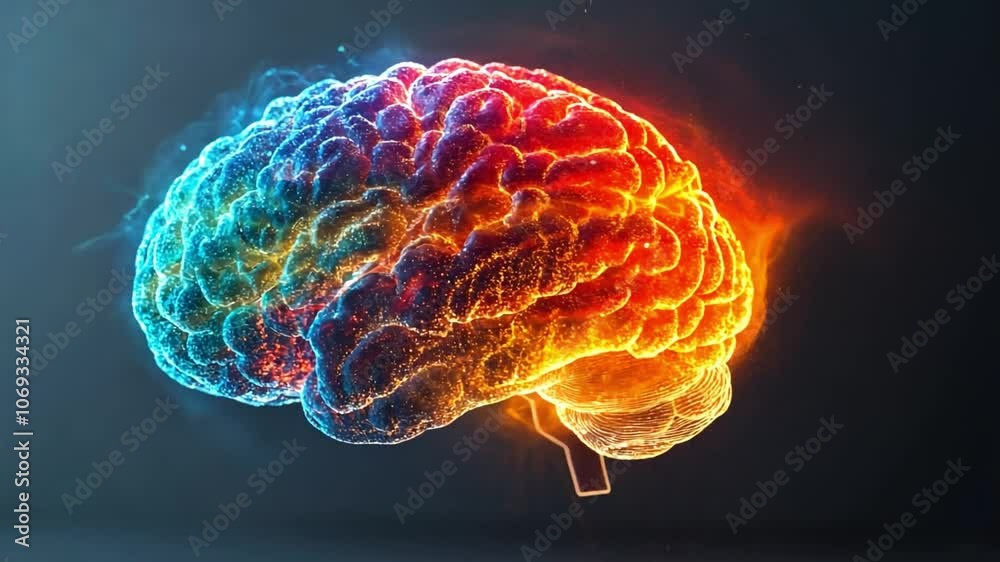 Colorful brain illustration with dynamic energy bursting from its surface at night Colorful brain illustration with dynamic energy bursting from its surface at night