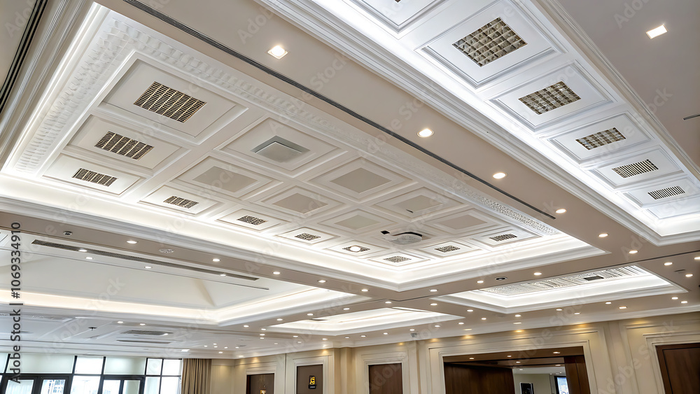 Office air conditioning in ceiling grid of large meeting room Office air conditioning in ceiling grid of large meeting room